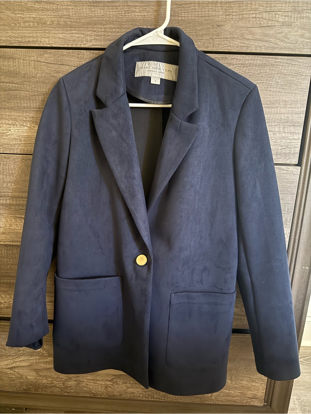 Marc New York Navy Single-Button Gold-Accent Blazer (faux suede feel).